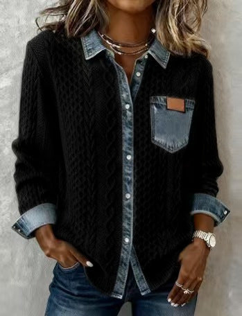 Damen Strickjacke mit Denim-Look-Kragen, dekorativer Knopfleiste und Brusttasche Drune