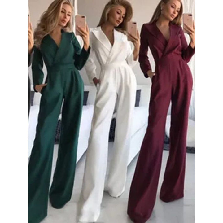 Damen eleganter Jumpsuit mit langem Bein und klassischem Schauspielkragen Drune