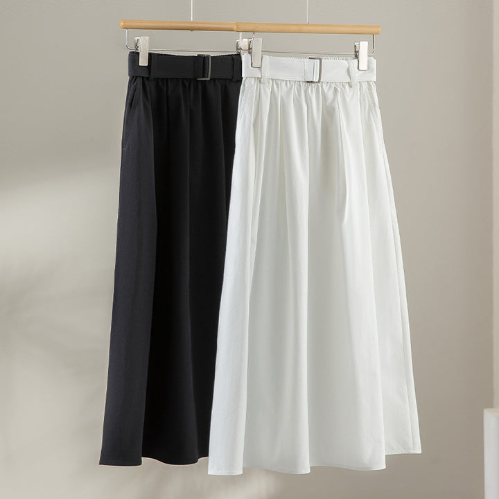 Damen Midilanger A-Linien-Rock mit hoher Taille, Faltenwurf und Taillengürtel Drune