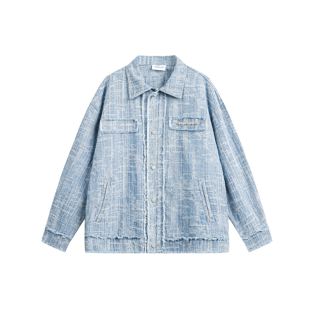 Unisex Oversize-Denim-Blouson mit fransigen Kanten und Druckknopfleiste Drune