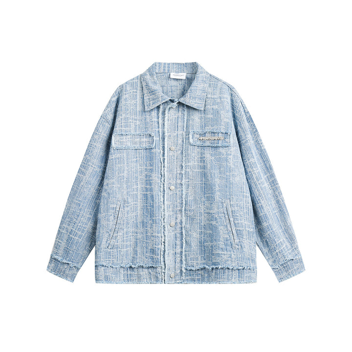 Unisex Oversize-Denim-Blouson mit fransigen Kanten und Druckknopfleiste Drune