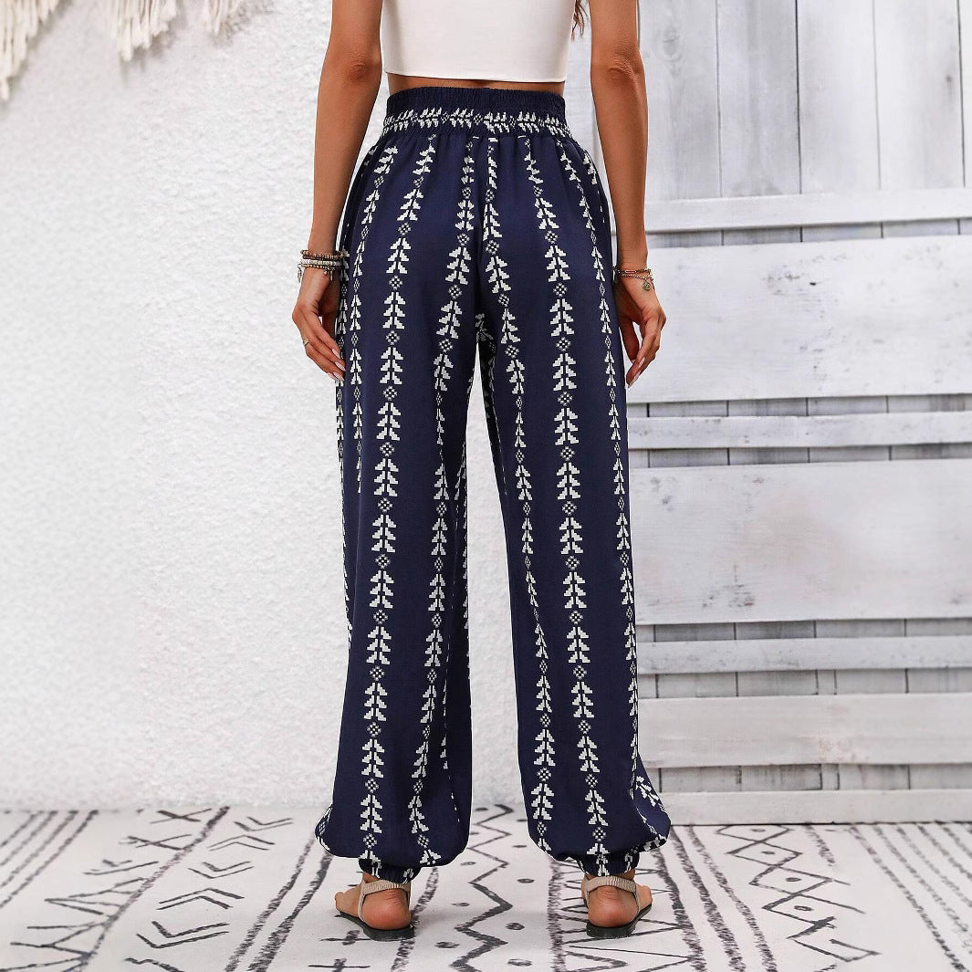 Damen Locker geschnittene Leinenoptik-Hose mit Smokbund, Kordelzug und Ethno-Print Drune