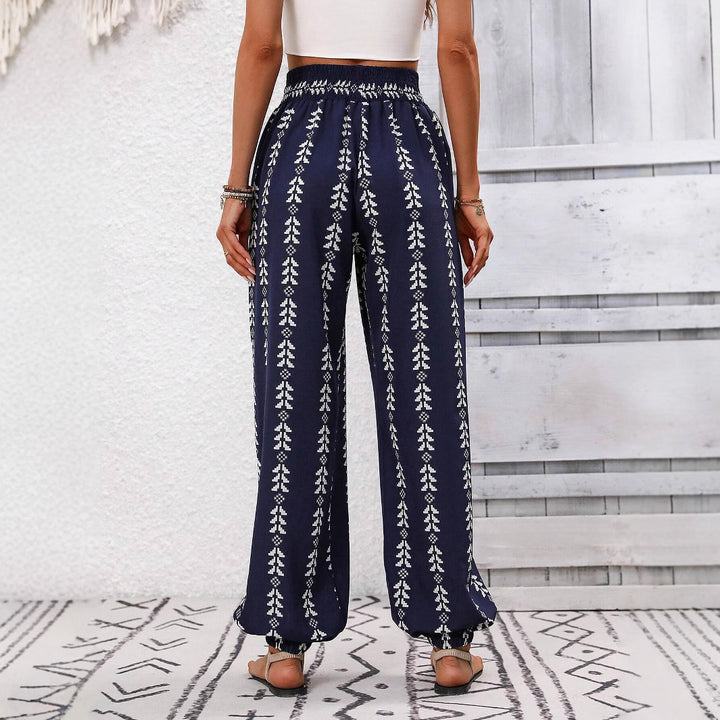 Damen Locker geschnittene Leinenoptik-Hose mit Smokbund, Kordelzug und Ethno-Print Drune