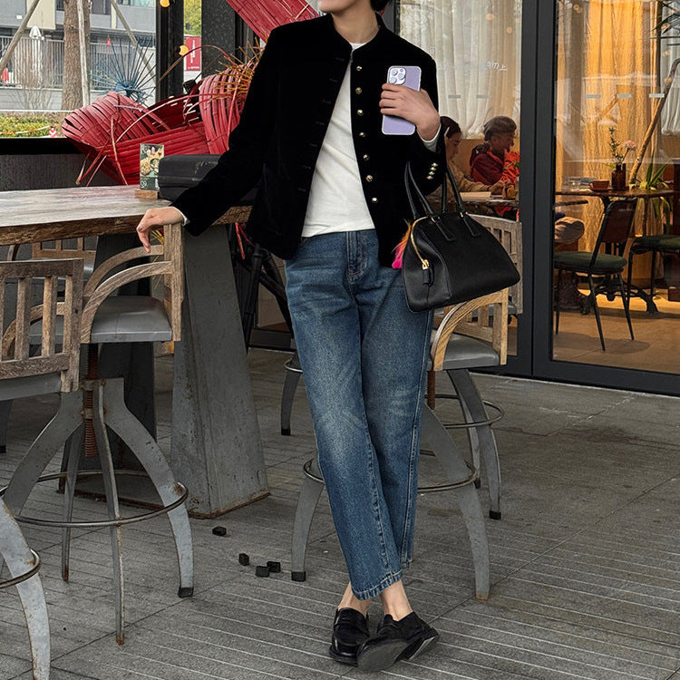 Damen Elegante Samtjacke mit Knopfleiste Drune