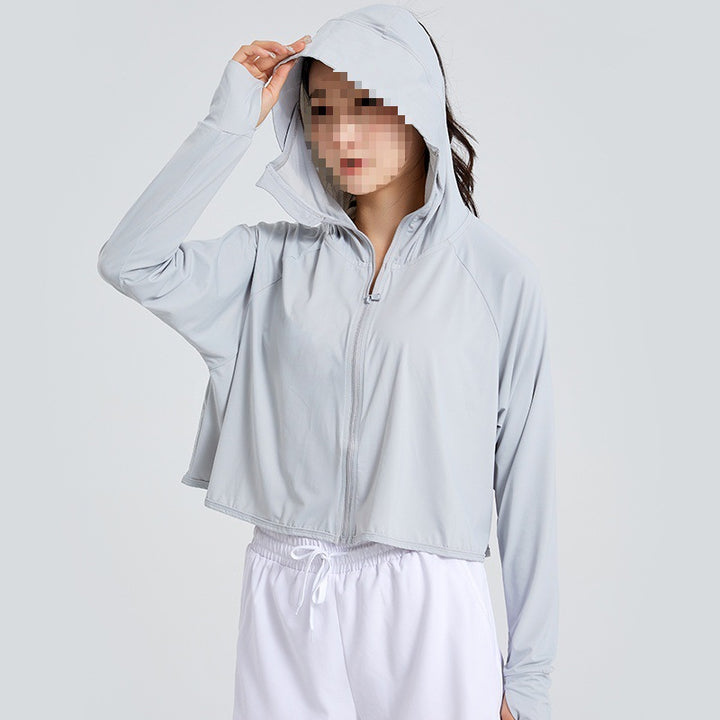 Damen Leichte Sportliche UV-Schutz-Kapuzenjacke mit kurzem Cropped‑Schnitt, Raglanärmeln & Daumenlöchern Drune