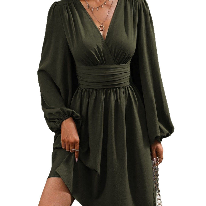 Damen modernes Wickelkleid mit lässigen Puffärmeln und Taillengürtel Drune