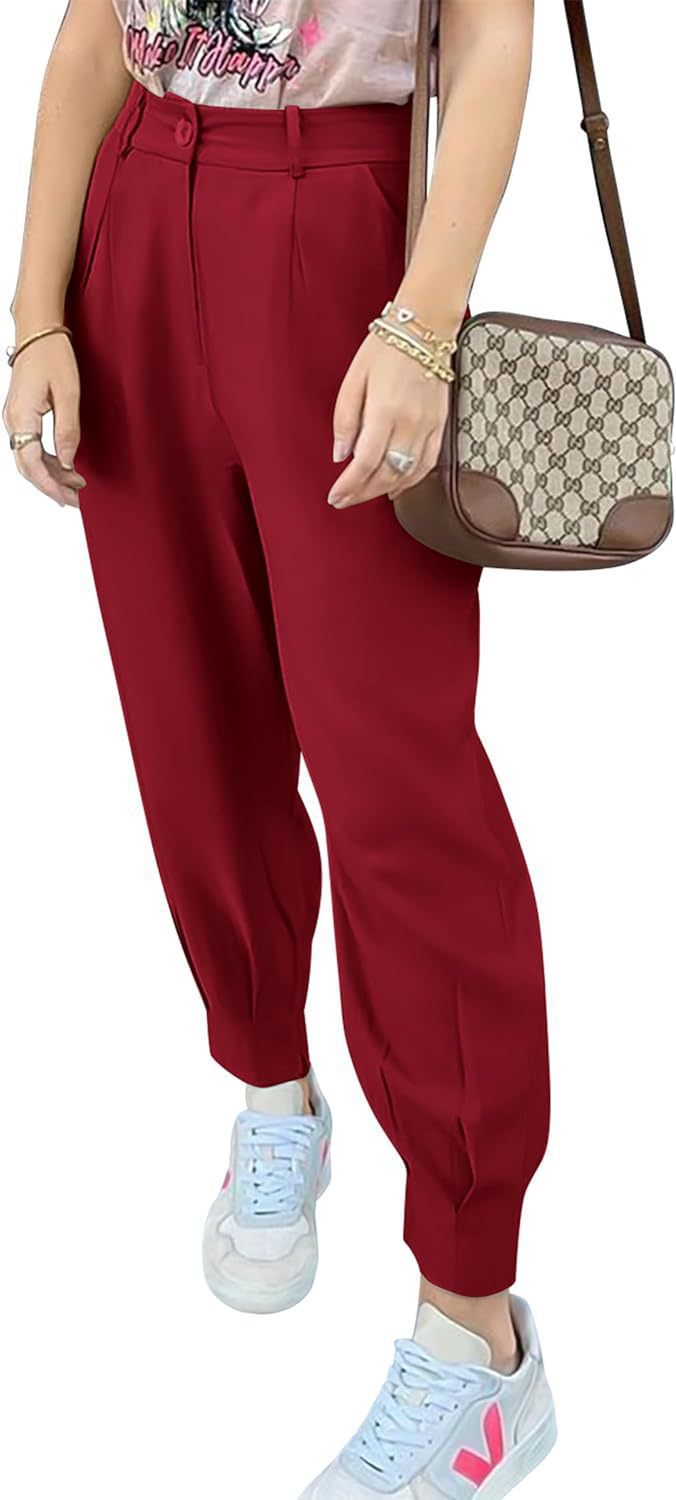 Damen elegante und modische High-Waist Hose mit Falten und seitlichen Taschen Drune