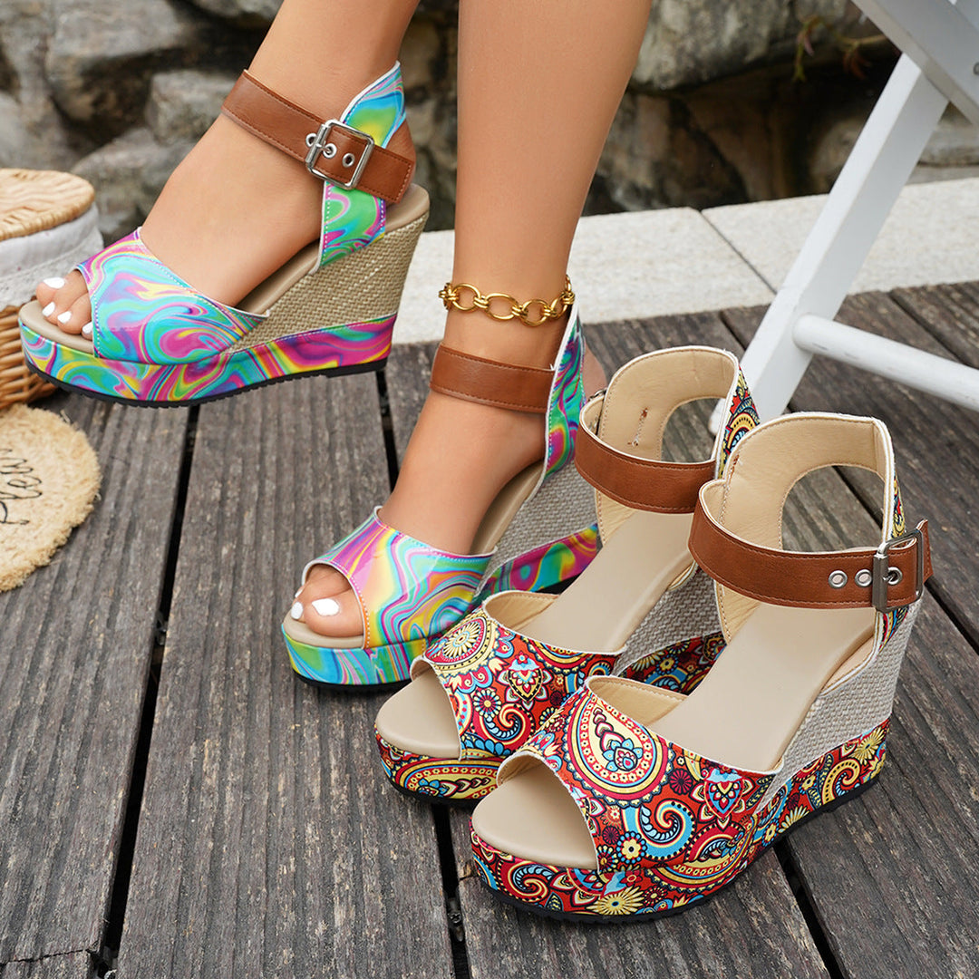 Damen Wedge-Sandaletten mit buntem Marmormuster und verstellbarem Riemen Drune
