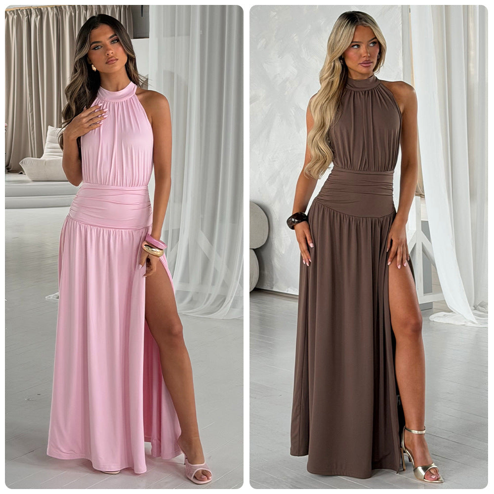 Damen Elegantes Maxikleid mit schimmerndem Stoff und hohem Schlitz Drune