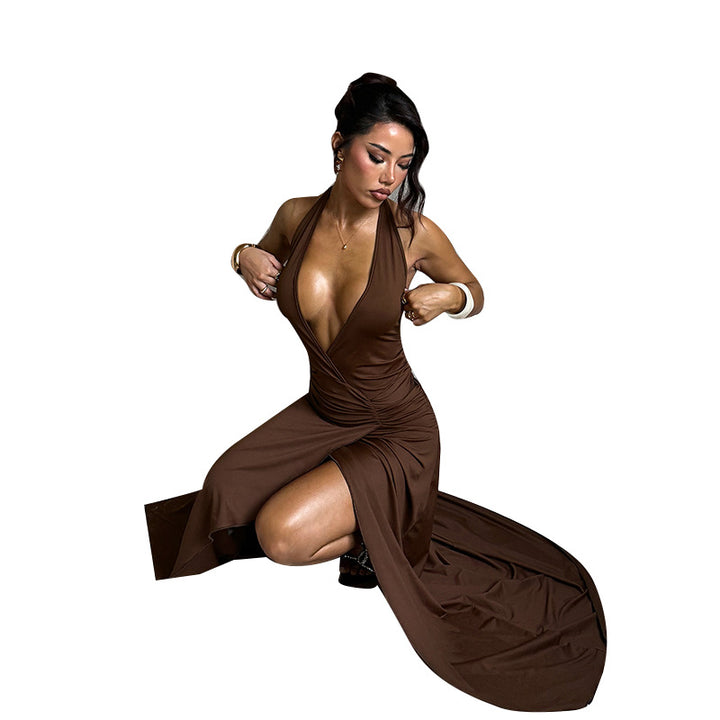 Damen Halter-Langkleid mit tiefem V-Ausschnitt und gerafftem Design Drune