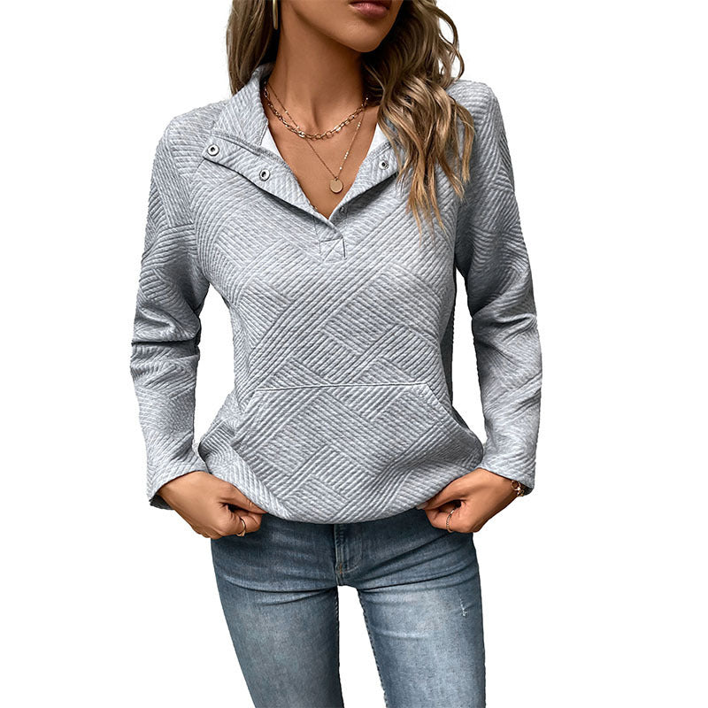 Damen Steppstrukturiertes Sweatshirt mit Druckknopfkragen, V‑Ausschnitt und Kängurutasche Drune