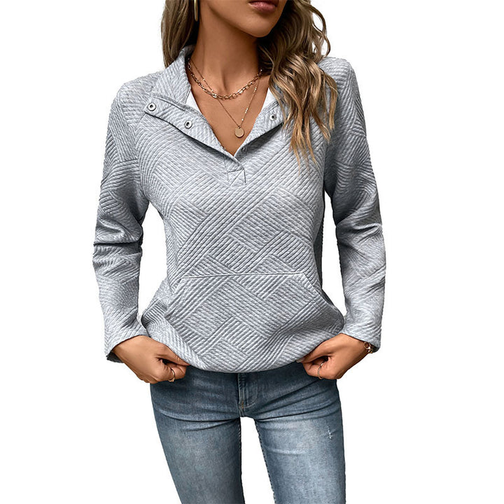 Damen Steppstrukturiertes Sweatshirt mit Druckknopfkragen, V‑Ausschnitt und Kängurutasche Drune