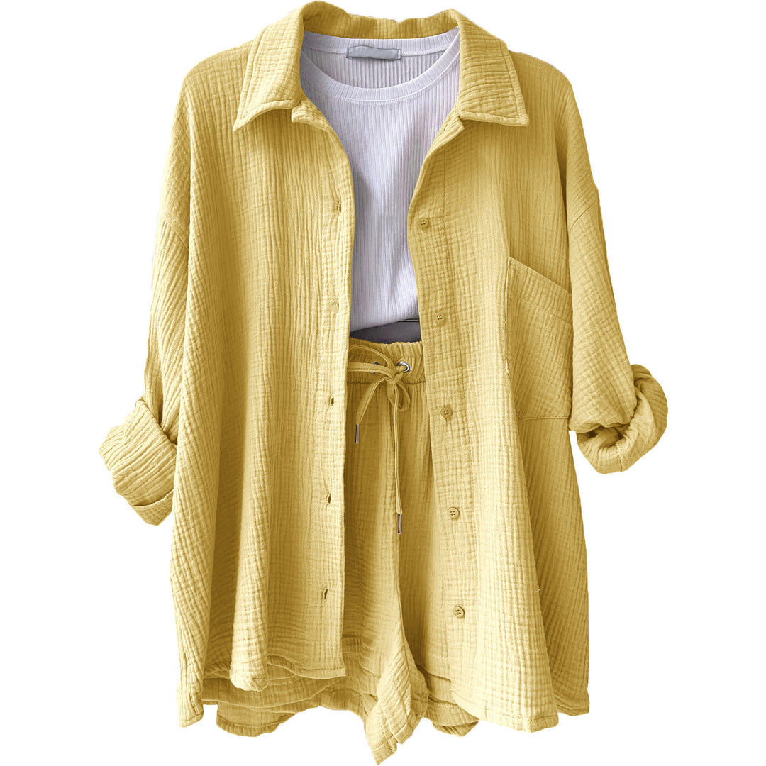 Damen nan lässiges oversized Hemd und Shorts Set mit Brusttasche Kordelbund und gerauter Baumwollstruktur Drune