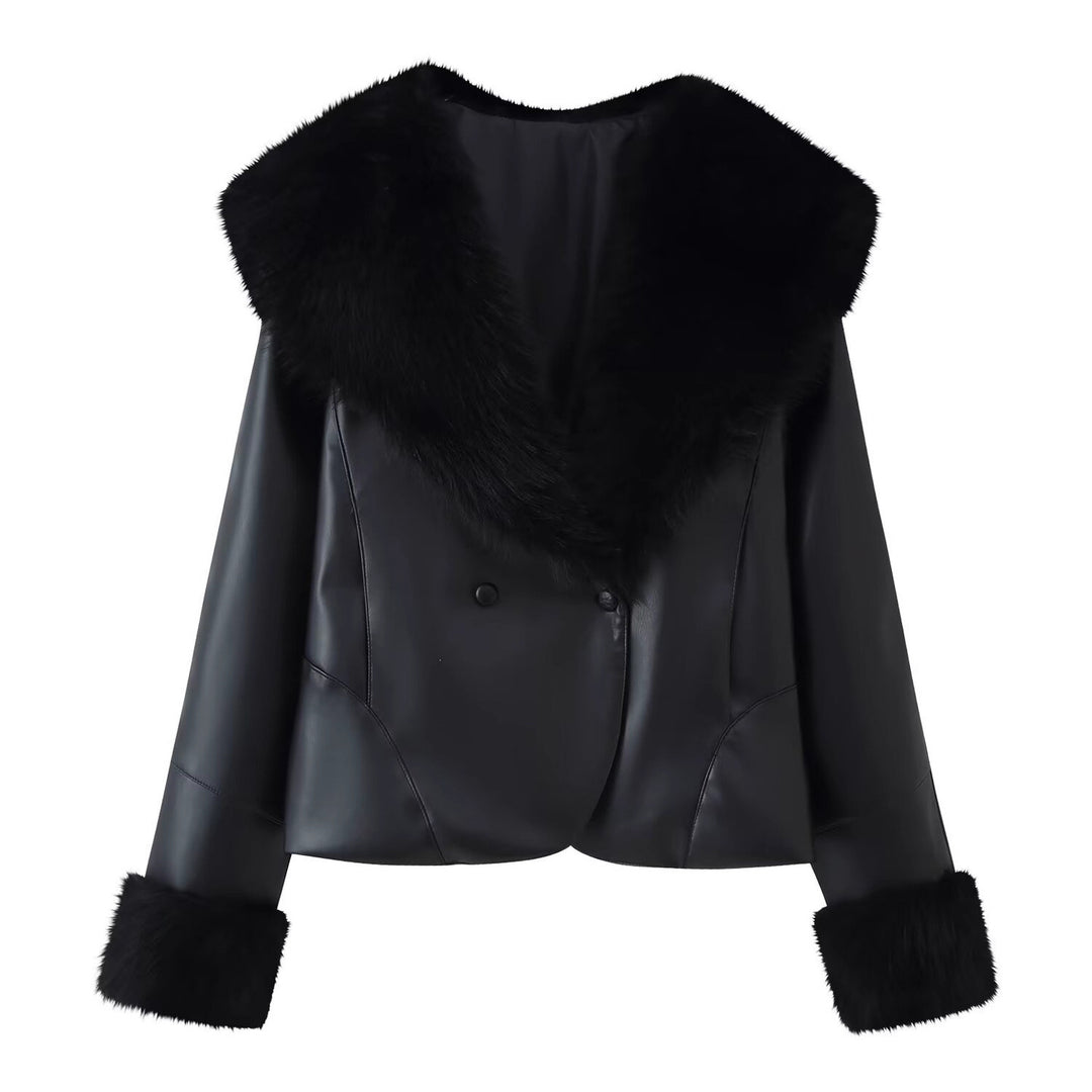 Damen Kurzjacke aus Kunstleder mit voluminösem Faux-Fur-Kragen und Fellmanschetten Drune