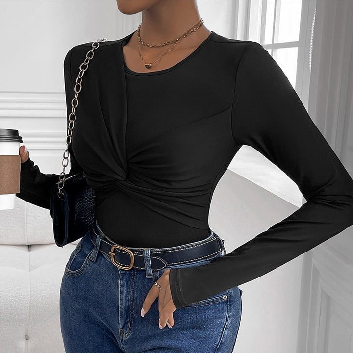 Damen Figurbetontes Twist-Longsleeve mit Knotendetail und Rundhalsausschnitt Drune