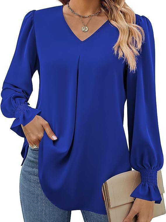 Damen elegante Bluse mit V-Ausschnitt und voluminösen Ärmeln Drune