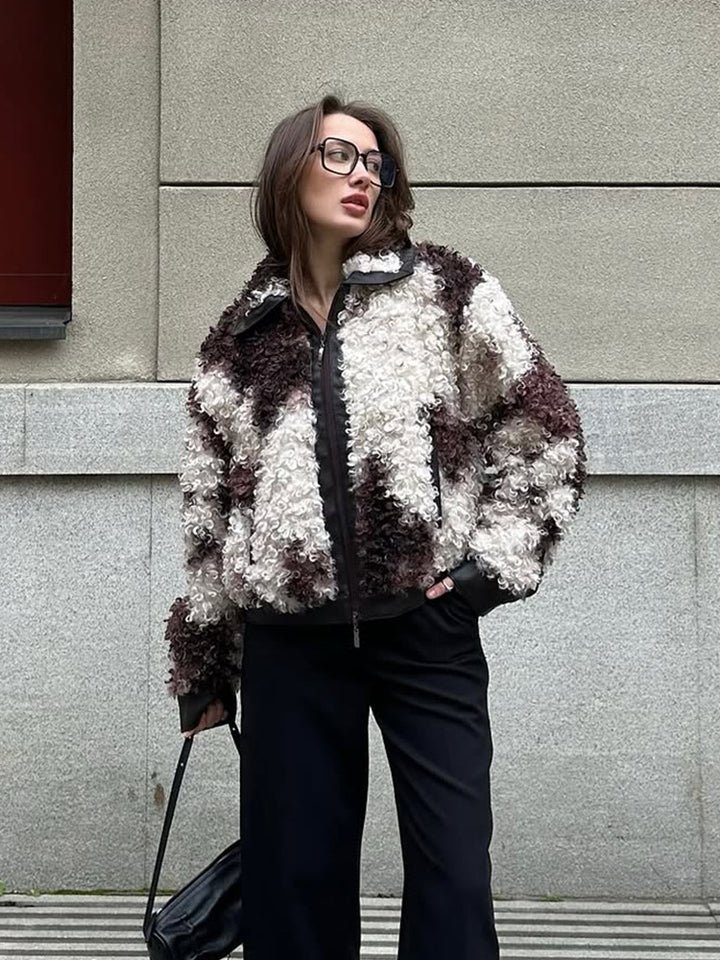 Damen Kurzblouson aus lockigem Bouclé‑Fauxfur mit Lederoptik‑Besatz Drune