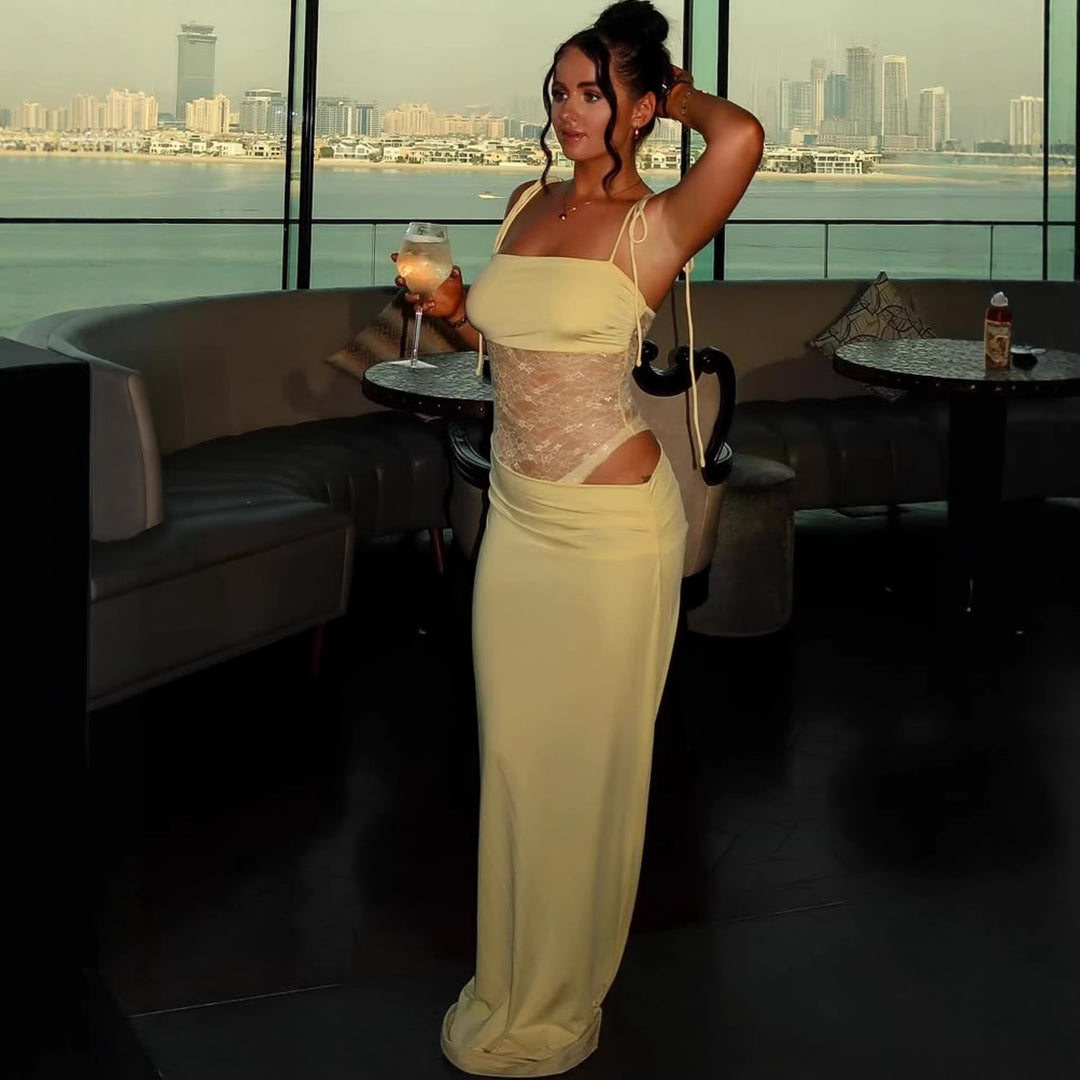 Damen elegantes langes Kleid mit raffiniertem Spitzenoberteil und verstellbaren Trägern Drune