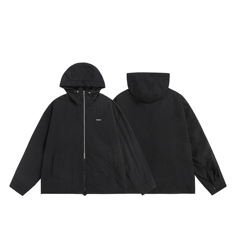 Unisex Ultraleichte Packbare Kapuzenjacke im Boxy-Relax-Schnitt mit Zwei-Wege-Metallreißverschluss Drune