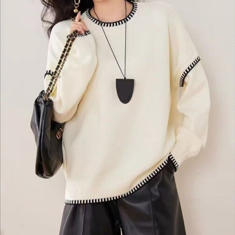 Damen lässiger Strickpullover mit kontrastierendem Saum und weichen Ärmeln Drune