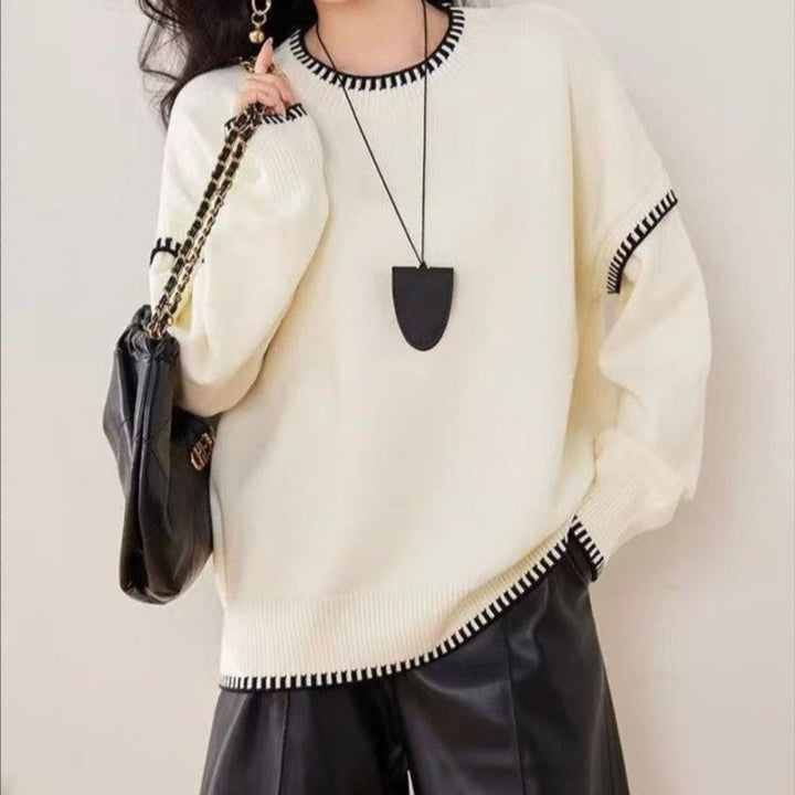 Damen lässiger Strickpullover mit kontrastierendem Saum und weichen Ärmeln Drune