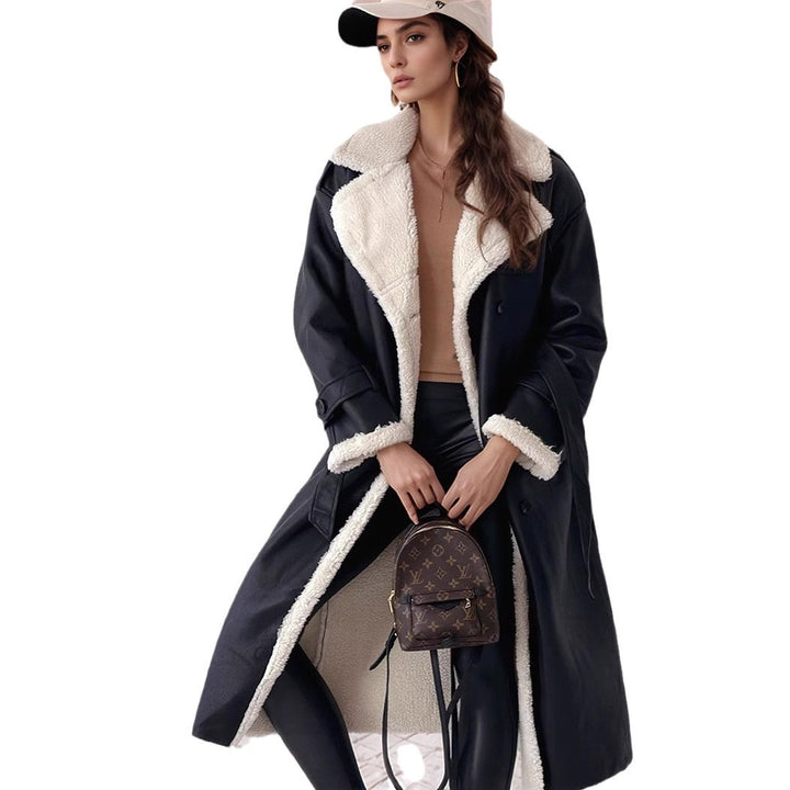 Damen Langer Mantel mit Teddyfutter, doppelreihiger Knopfleiste und tailliertem Schnitt Drune