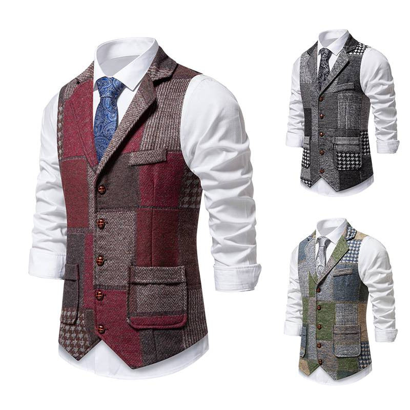 Herren nan Patchwork Weste mit Reverskragen Knopfleiste und aufgesetzten Taschen Drune