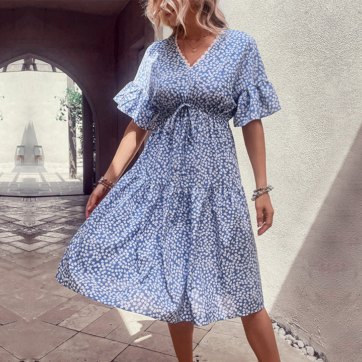 Damen lässiges Sommerkleid mit Taillenknoten und voluminösem Rock Drune
