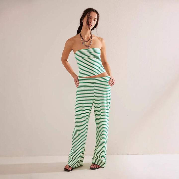 Damen lässiges Loungewear-Set mit geripptem Oberteil und weiten Hosen Drune