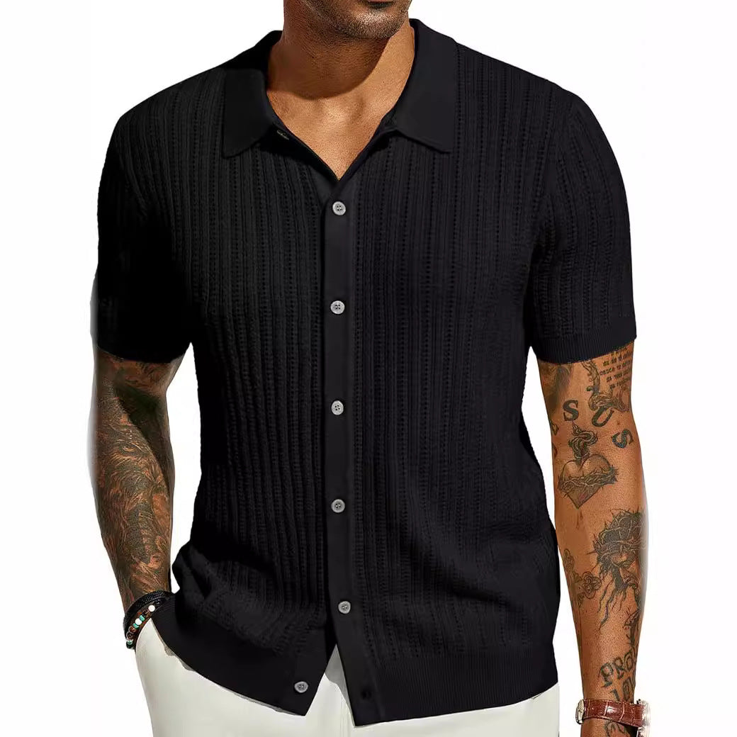 Herren Kurzarm Strickhemd mit feiner Lochstruktur und klassischem Kragen Drune