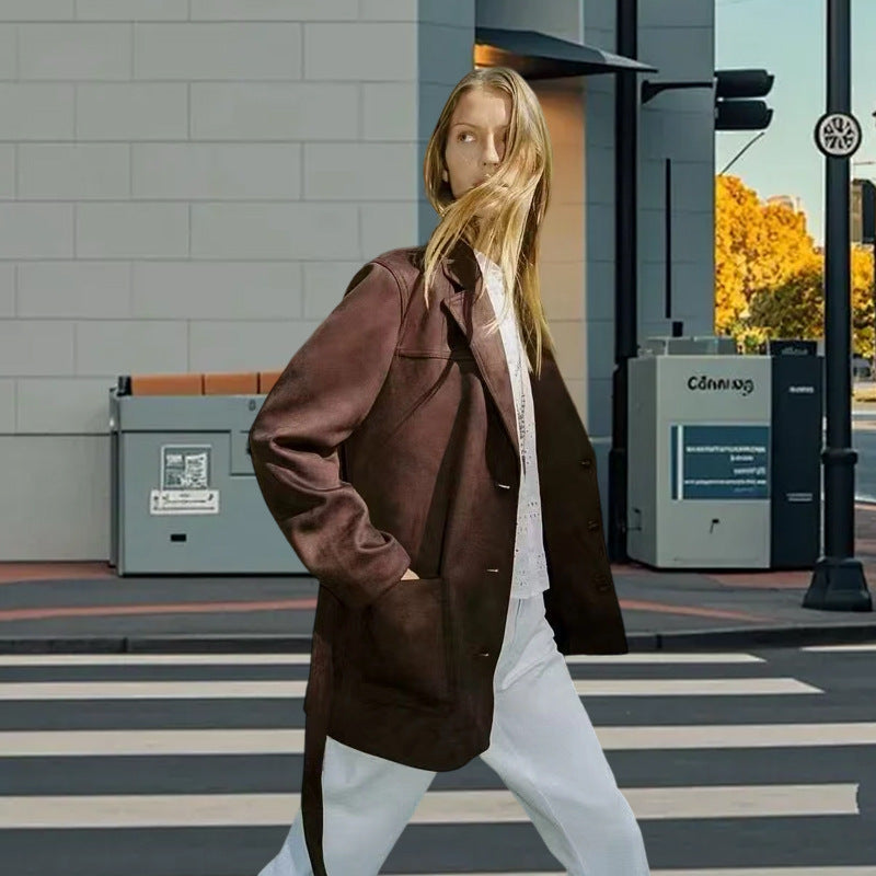 Damen modische Kunstlederjacke mit Taillengürtel und praktischen Taschen Drune