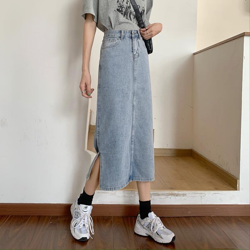 Damen Langer Denim-Rock mit schickem Schlitz Drune