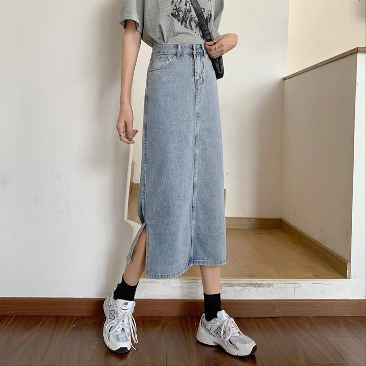 Damen Langer Denim-Rock mit schickem Schlitz Drune