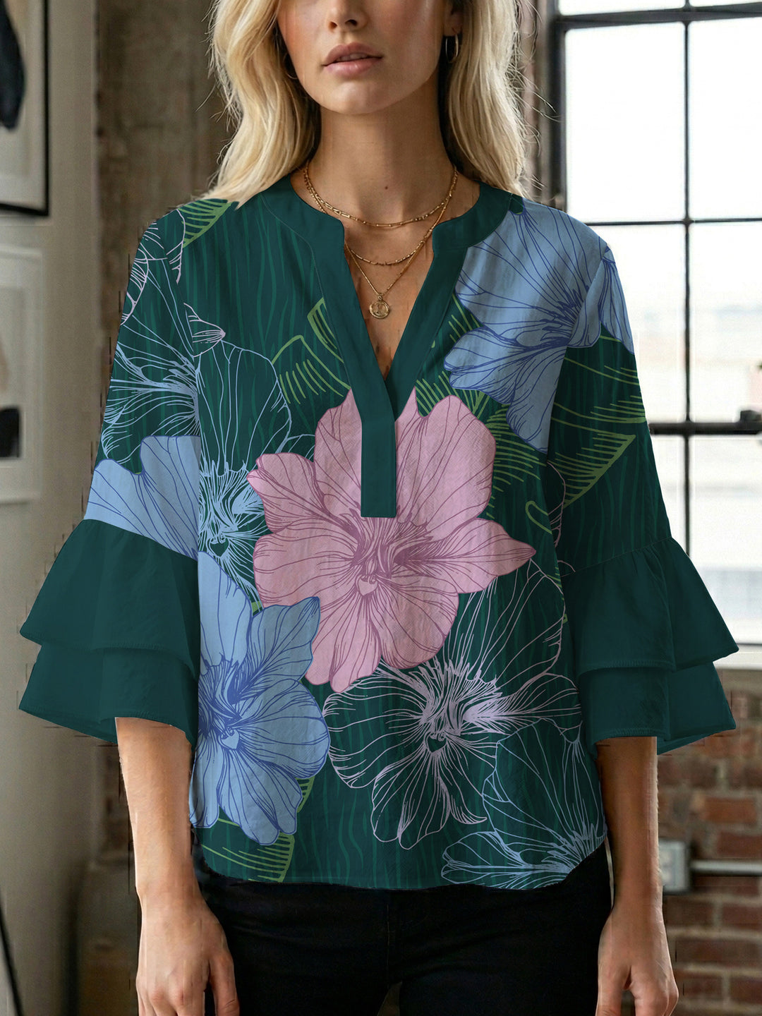 Damen Bluse mit voluminösen Ärmeln und floralem Design Drune