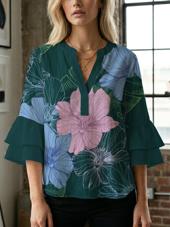 Damen Bluse mit voluminösen Ärmeln und floralem Design Drune