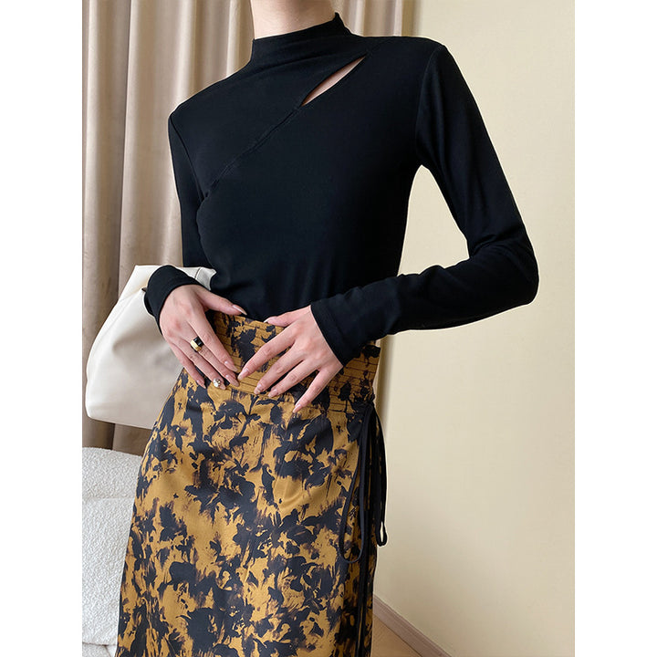 Damen elegantes Oberteil mit asymmetrischem Ausschnitt und langen Ärmeln Drune