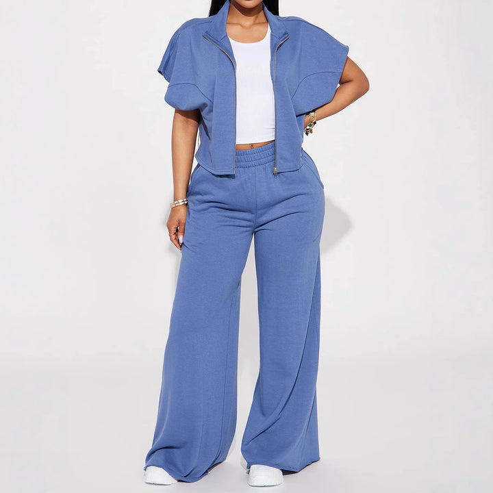 Damen nan High‑Waist Palazzohose aus French-Terry mit weitem Bein, elastischem Komfortbund und offenen Saumkanten Drune