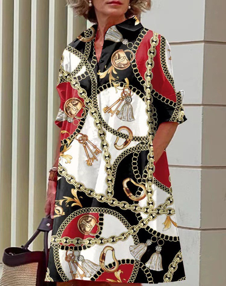 Damen nan A-Linien Hemdblusenkleid mit aufgekrempelten 3/4-Ärmeln und seitlichen Eingrifftaschen Drune