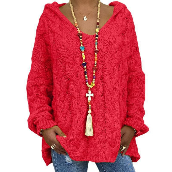 Damen Oversized Zopfmuster-Strickpullover mit Kapuze und lässigem V‑Ausschnitt Drune