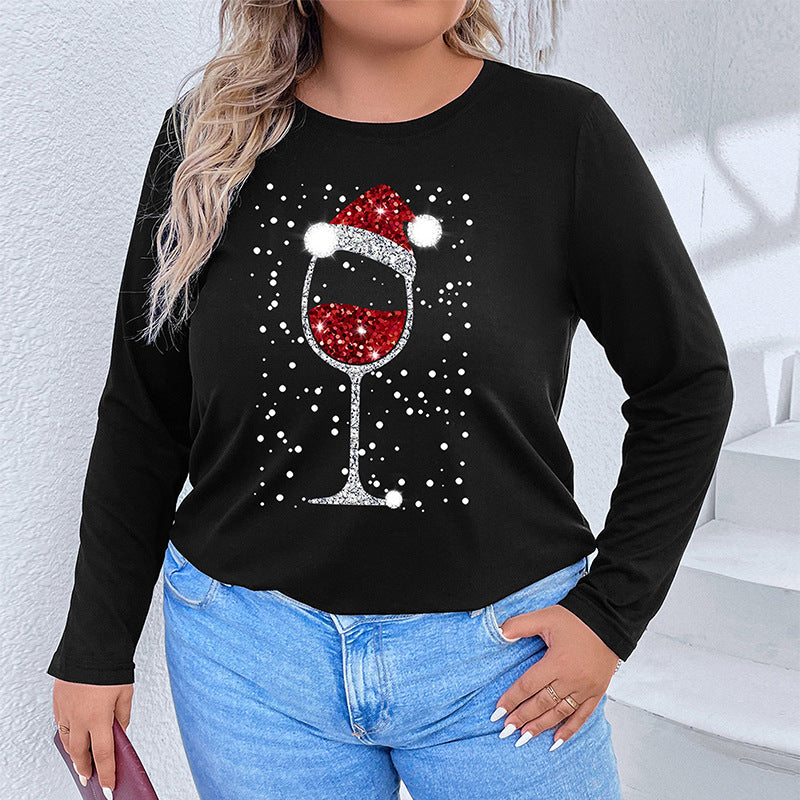 Damen Langarmshirt mit funkelndem Weihnachts-Weinglas-Print Drune