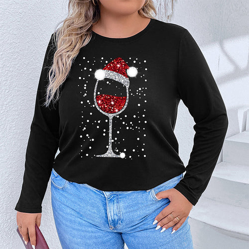 Damen Langarmshirt mit funkelndem Weihnachts-Weinglas-Print Drune