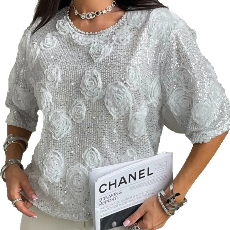 Damen nan elegante Paillettenbluse mit dreidimensionalen Rosenapplikationen, Rundhalsausschnitt und halblangen Ärmeln Drune