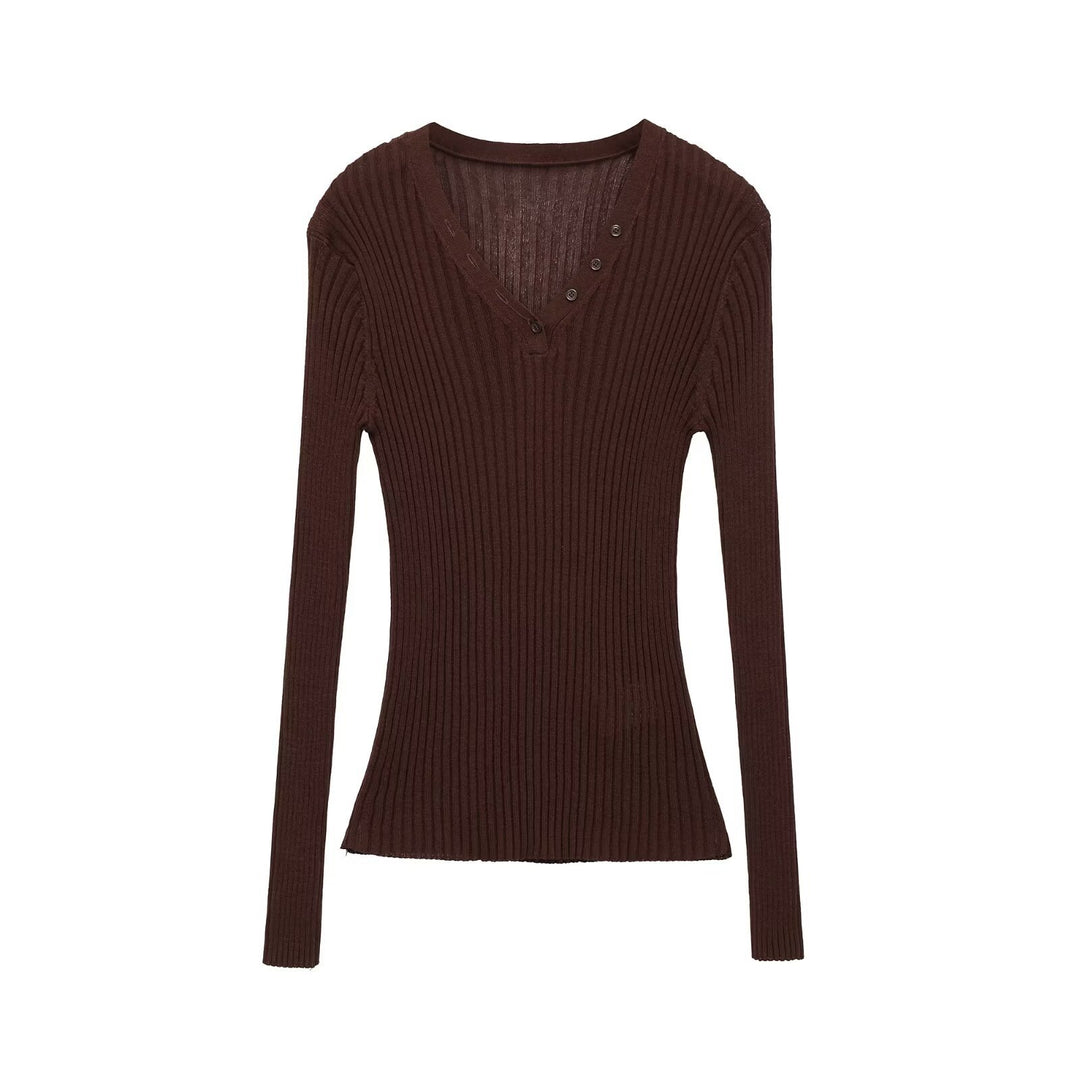 Damen Figurbetontes Rippstrick-Longsleeve mit V-Ausschnitt und Zierknopfleiste Drune