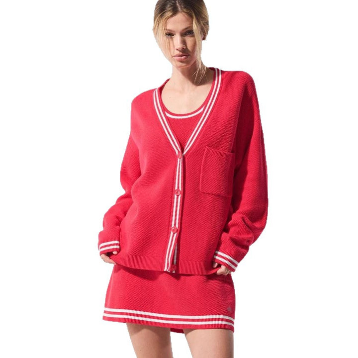 Damen Waffelstrick Cardigan mit sportlichem V-Ausschnitt und Brusttasche Drune
