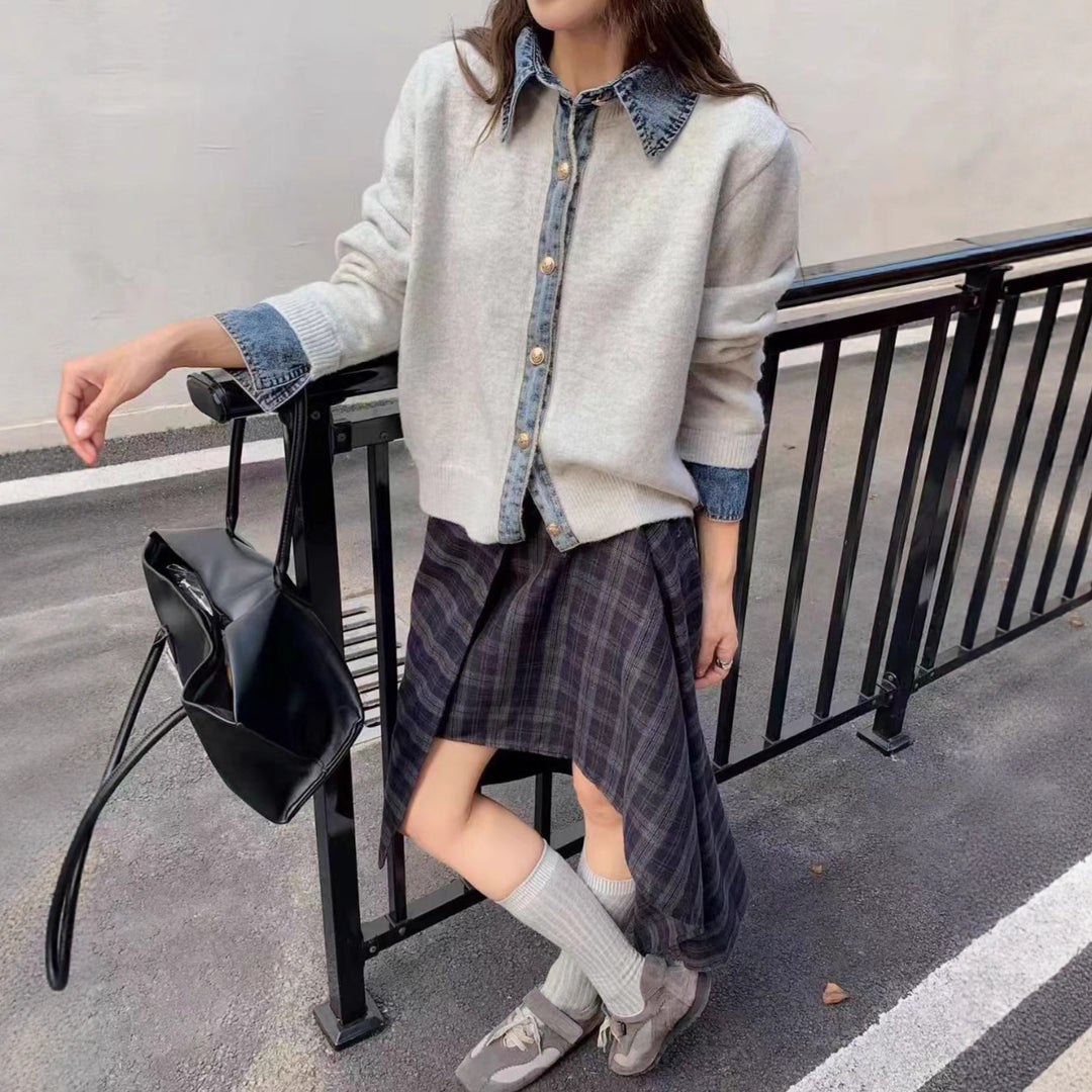 Damen lässiges Overshirt mit ausgefallenem Denim-Kragen und Knopfdetails Drune