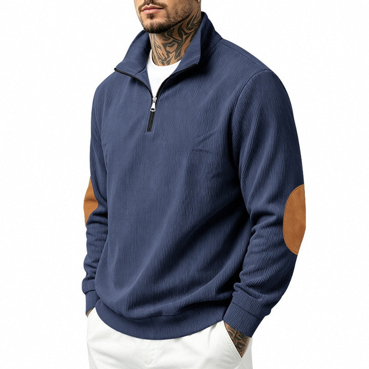 Herren Feinstrick-Halbzip-Pullover mit Cordstruktur und Kontrast-Ellbogenpatch Drune