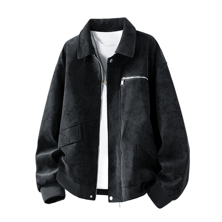 Herren Boxy-Blousonjacke im Veloursleder‑Look mit Brustreißverschluss, Pattentaschen & geripptem Saum Drune