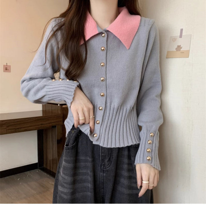 Damen Eleganter Strickpullover mit Kragen und Knopfdetails Drune