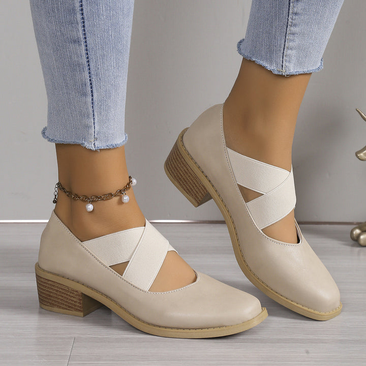 Damen Slipper-Pumps mit kreuzenden Elastikriemen und Blockabsatz Drune