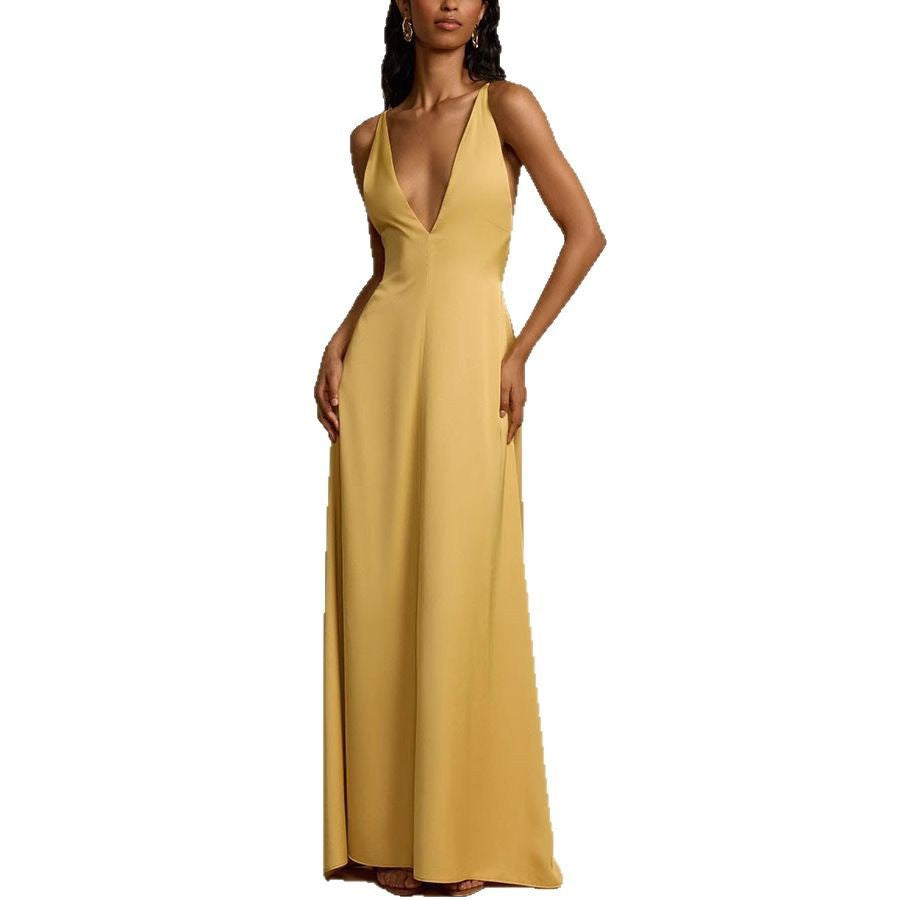 Damen Elegantes Maxikleid mit tiefem V-Ausschnitt und fließendem Schnitt Drune